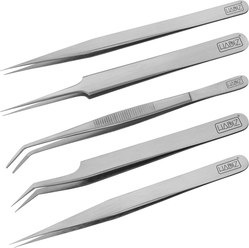HADIZ 5 PCS Precision Tweezers set Upgraded Anti-Static Stainless Steel Heat Resistant, Curved, Jewelry, Electronics, Craft, Soldering, Experimental Work (5) - Image 1